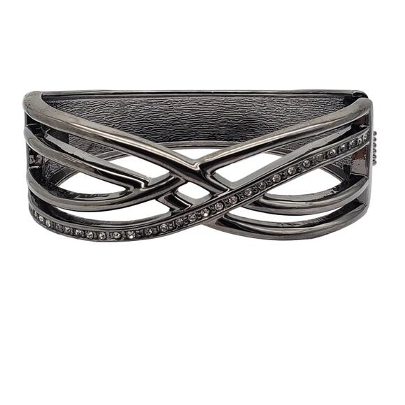 Gunmetal Clamper Bracelet Bangle Clear Rhinestone Crystal Hinged Crossover Woven - Picture 1 of 6